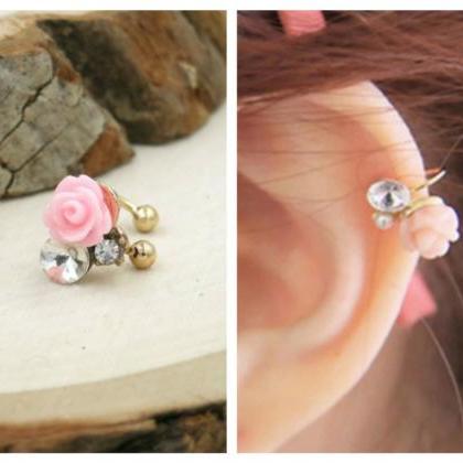 Resin Pink Rose With Crystal Ear Cuff