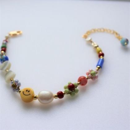 Colorful Beaded Daisy Smiley Bracelet, Flower And..