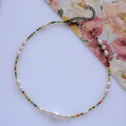 Pearls And Multicolor Beaded Necklace