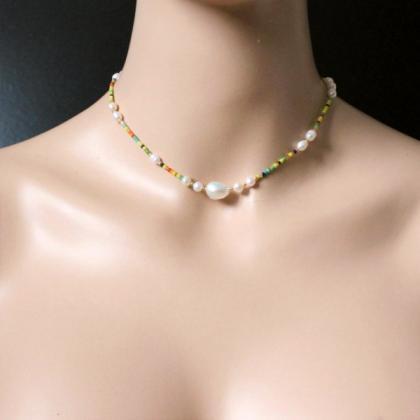 Pearls And Multicolor Beaded Necklace