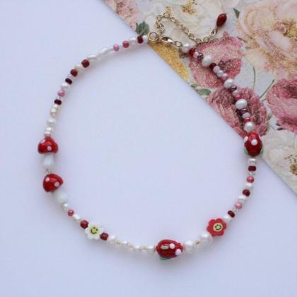 Strawberry And Mushroom With Pearl Beaded Necklace