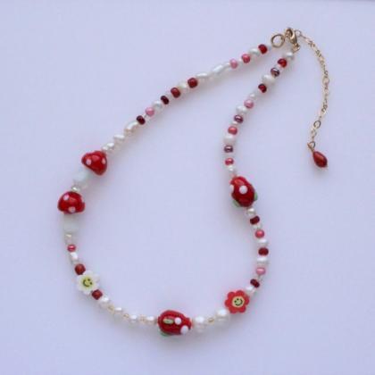 Strawberry And Mushroom With Pearl Beaded Necklace