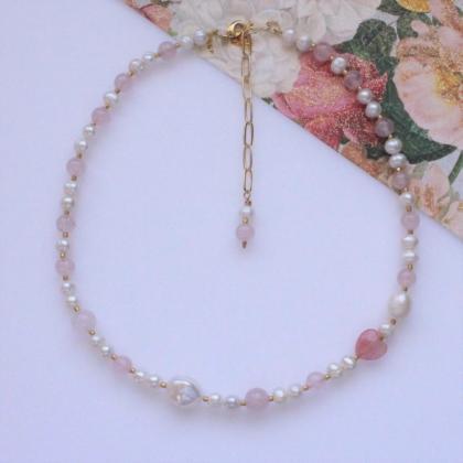 Pearls And Rose Quartz Beaded Necklace