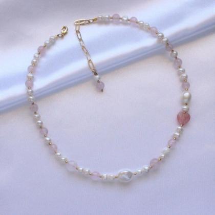 Pearls And Rose Quartz Beaded Necklace