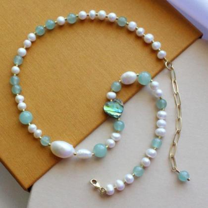 Pearl And Green Aventurine Beaded Necklace