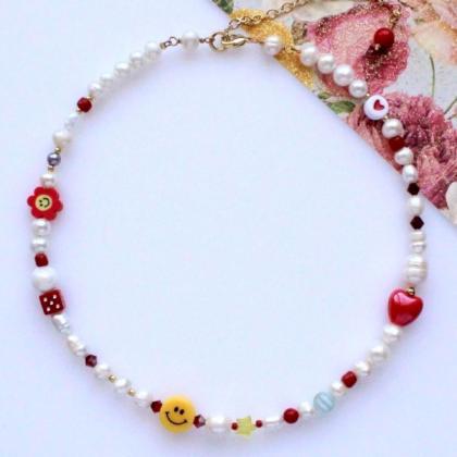 Smiley Face And Red Heart With Pearls Beaded..