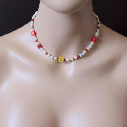 Smiley Face And Red Heart With Pearls Beaded..