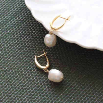 14k Gold Filled Baroque Pearl Earrings, Huggie..
