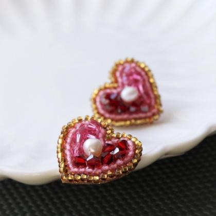 Heart Embroidered Swarovski Crystal Beaded Stud..