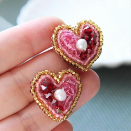 Heart Embroidered Swarovski Crystal Beaded Stud..