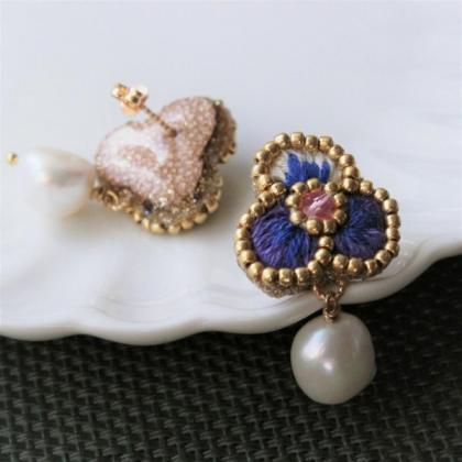 Violet Flower Embroidered Beaded Pearl Dangle..