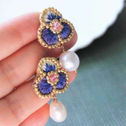Violet Flower Embroidered Beaded Pearl Dangle..