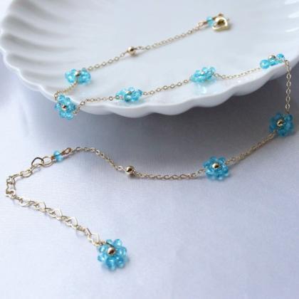 Daisy Blue Crystal Beaded Flower Choker Necklace
