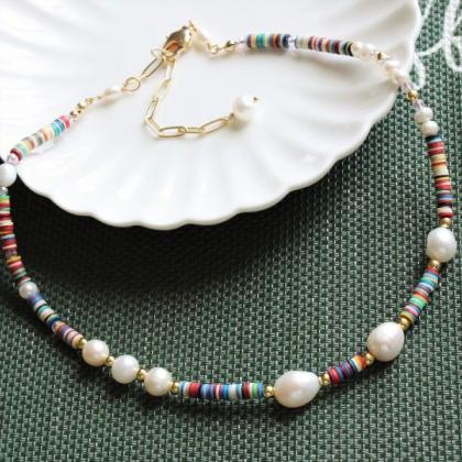 Pearl And African Vinyl Beaded Necklace, Pearls..