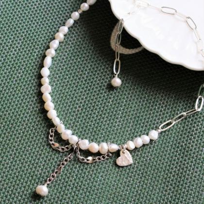 Silver Paperclip Chain And Pearls Half And Half..