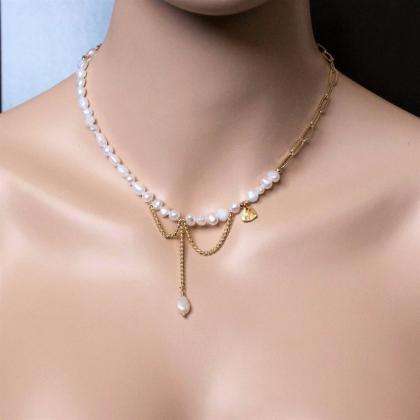 Gold Paperclip Chain And Pearls Half And Half..