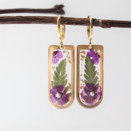 Gold Rectangular Floral Earrings, Real Dried..
