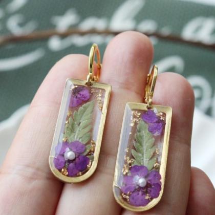 Gold Rectangular Floral Earrings, Real Dried..