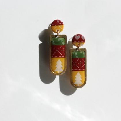 Gold Rectangular Christmas Earrings, Christmas..