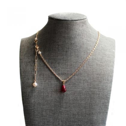 Dark Red Pomegranate Seed And Baroque Pearl..