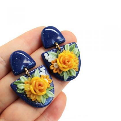 Royal Blue Flower Polymer Clay Dangle Earrings