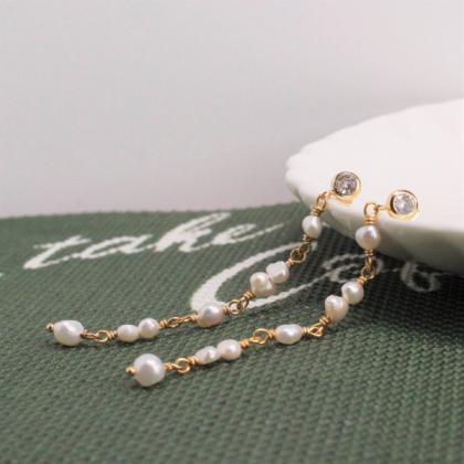 Freshwater Pearl Long Drop Earrings, 14k Gold Cz..
