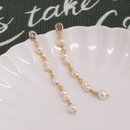 Freshwater Pearl Long Drop Earrings, 14k Gold Cz..