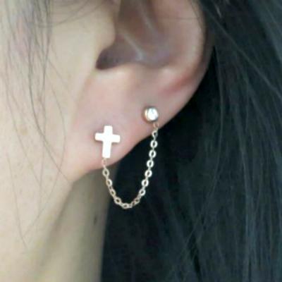 18K Rose Gold Cross Cartilage Double Piercing Earrings, Chain Ear Cuff