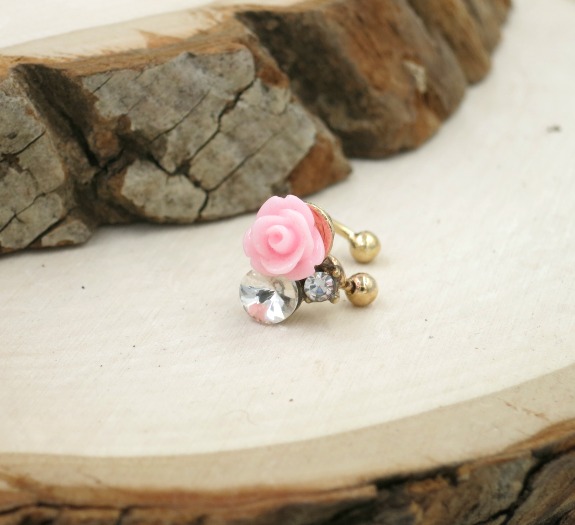 Resin Pink Rose With Crystal Ear Cuff