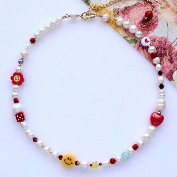 Smiley Face And Red Heart With Pearls Beaded Choker Necklace