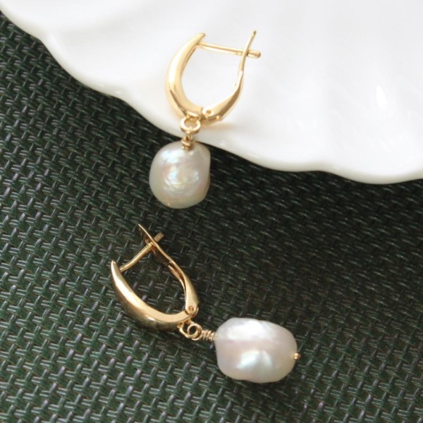 14k Gold Filled Baroque Pearl Earrings, Huggie Hoops