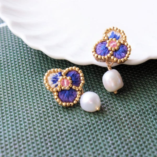 Violet Flower Embroidered Beaded Pearl Dangle Earrings