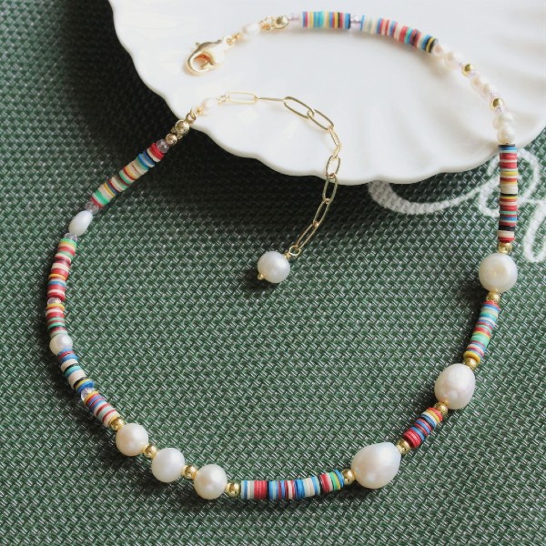 Pearl And African Vinyl Beaded Necklace, Pearls And Multi-color Beads Choker Necklace