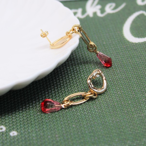 18k Real Gold Irregular Oval Ring Stud With Pomegranate Seed Resin Long Earrings