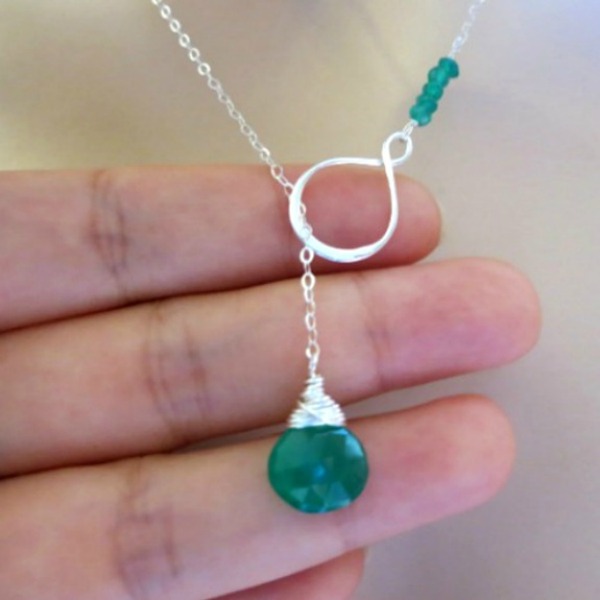 Green Onyx Gemstone With 925 Sterling Silver Infinity Charm Wire Wrapped Lariat Necklace.