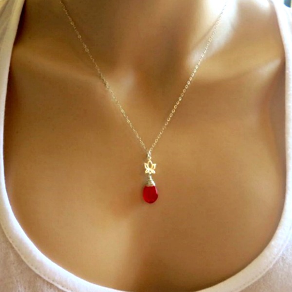 Red Orange Chalcedony Gemstone With Stering Silver Lotus Charm Necklace.