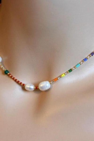 Rainbow and Freshwater Pearl Choker Necklace