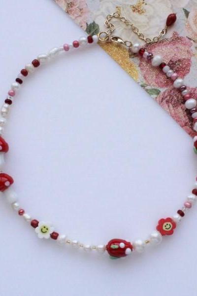 Strawberry and Mushroom with Pearl Beaded Necklace