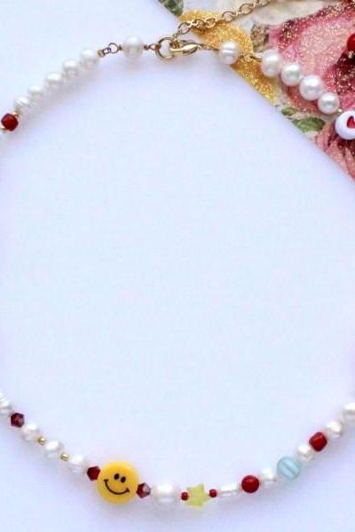 Smiley Face and Red Heart with Pearls Beaded Choker necklace