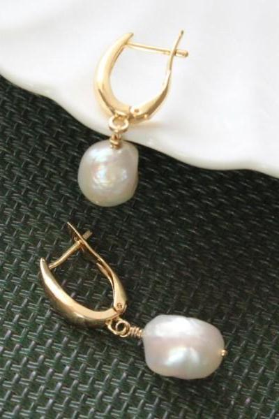 14k Gold filled Baroque pearl earrings, Huggie hoops
