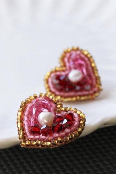 Heart Embroidered Swarovski Crystal Beaded Stud Earrings