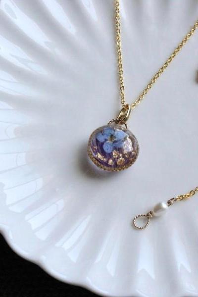 Dried Pressed Flower Resin Forget-me-not Necklace