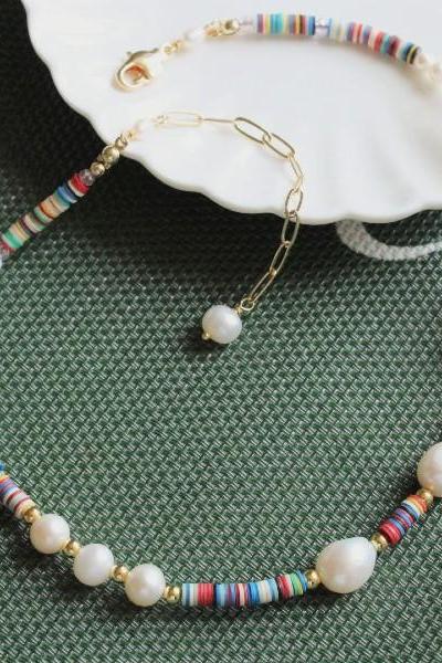 Pearl and African vinyl beaded necklace, Pearls and multi-color beads choker necklace