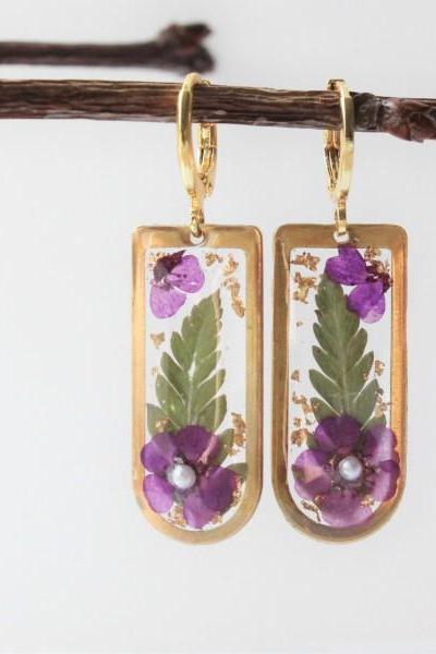 Gold Rectangular Floral Earrings, Real Dried Pressed Flower Forget-me-not and Fern leaf Resin Dangle Earrings