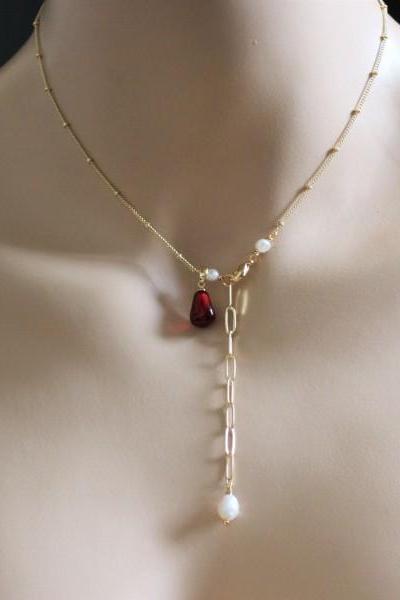 Dark Red Pomegranate Seed and Baroque Pearl Necklace, Multiway Fruit Jewelry