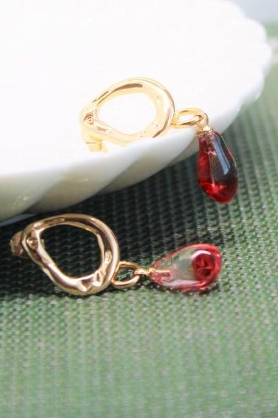 18k Real Gold Irregular Oval Ring Stud with Pomegranate seed Resin Earrings