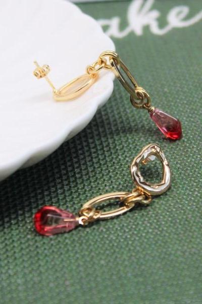 18k Real Gold Irregular Oval Ring Stud with Pomegranate seed Resin Long Earrings