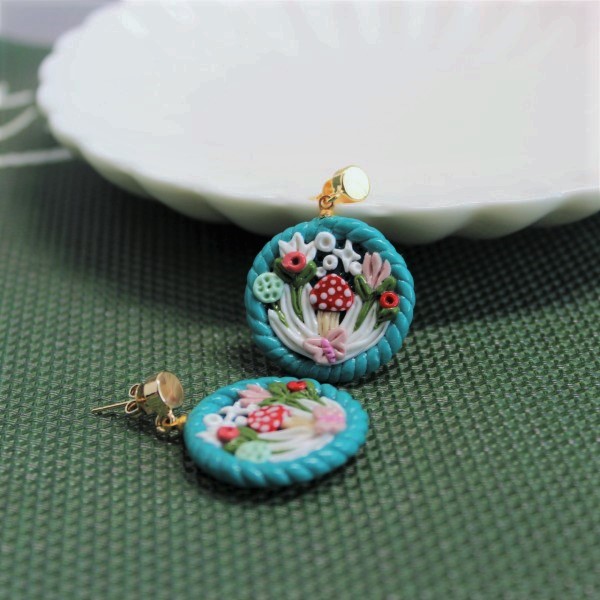 “Floral Landscape” Polymer Clay Cottagecore/Fairy 18K Real Gold plated Stud Earrings