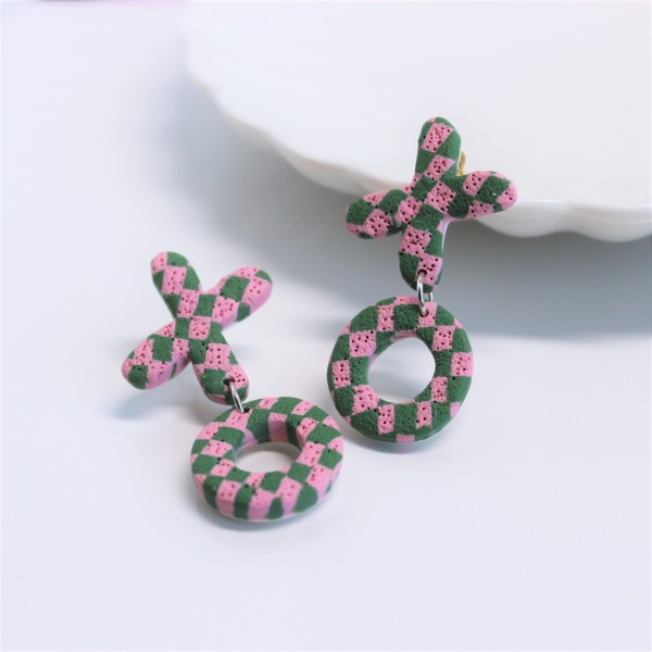 Checkered XOXO Polymer Clay Dangle Earrings
